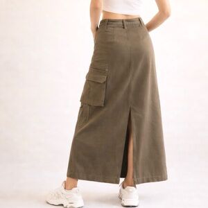 Y2K Olive Cargo Maxi Skirt Back Slit Giant Utility Pocket Vintage Sz L